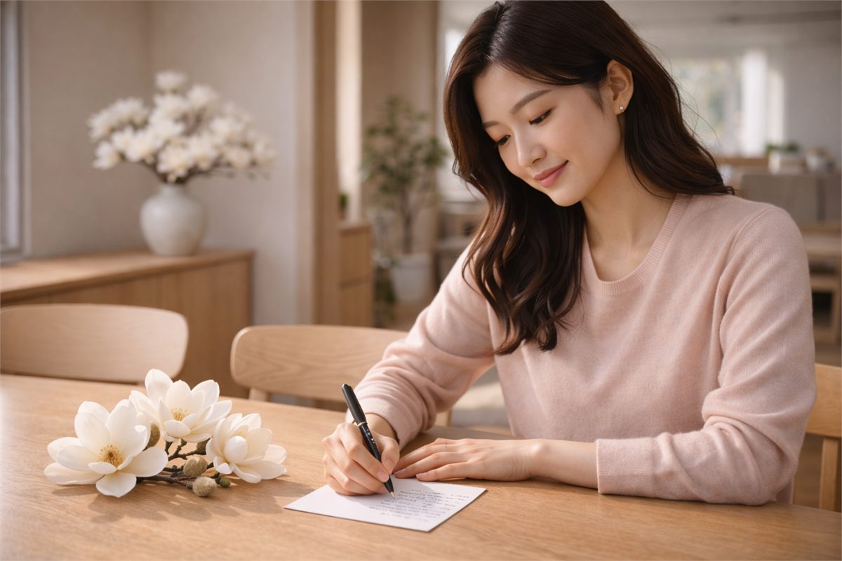 목련 꽃 옆에서 손편지를 쓰는 한국 여성의 따뜻한 실내 장면 