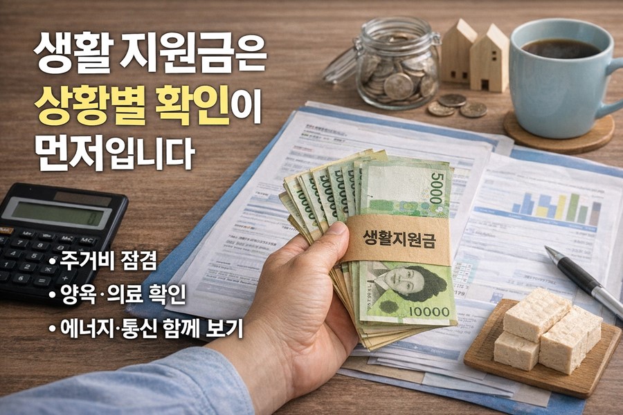 주거비, 양육비, 의료비, 에너지 비용, 통신비처럼 생활비 부담 항목별로 생활 지원금을 확인하는 방법을 보여주는 체크리스트형 이미지입니다.