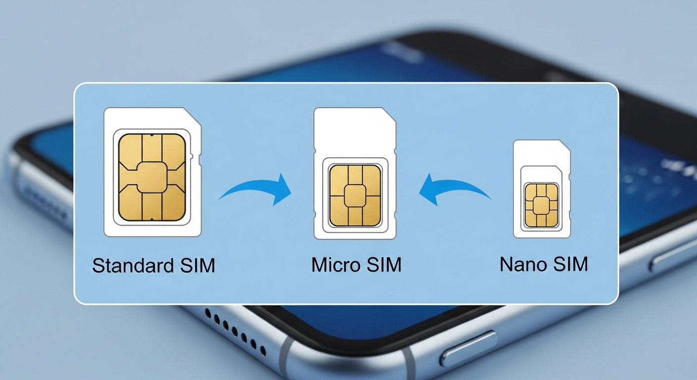 일반 유심, 마이크로 유심, 나노 유심의 크기를 비교하는 인포그래픽. 유심 크기 변화의 필요성을 시각적으로 보여줍니다.