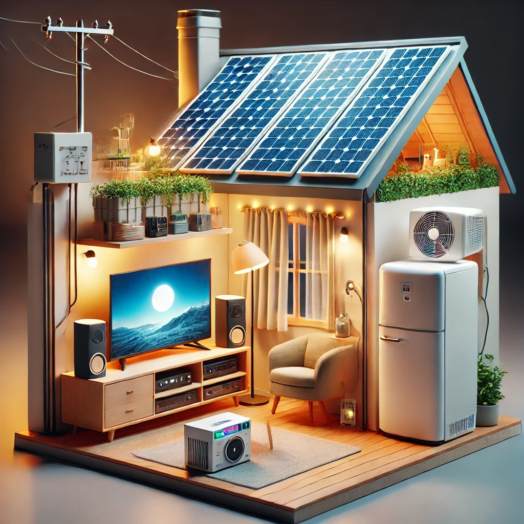 소형 태양광 시스템이 가정용 가전제품을 운영하는 모습