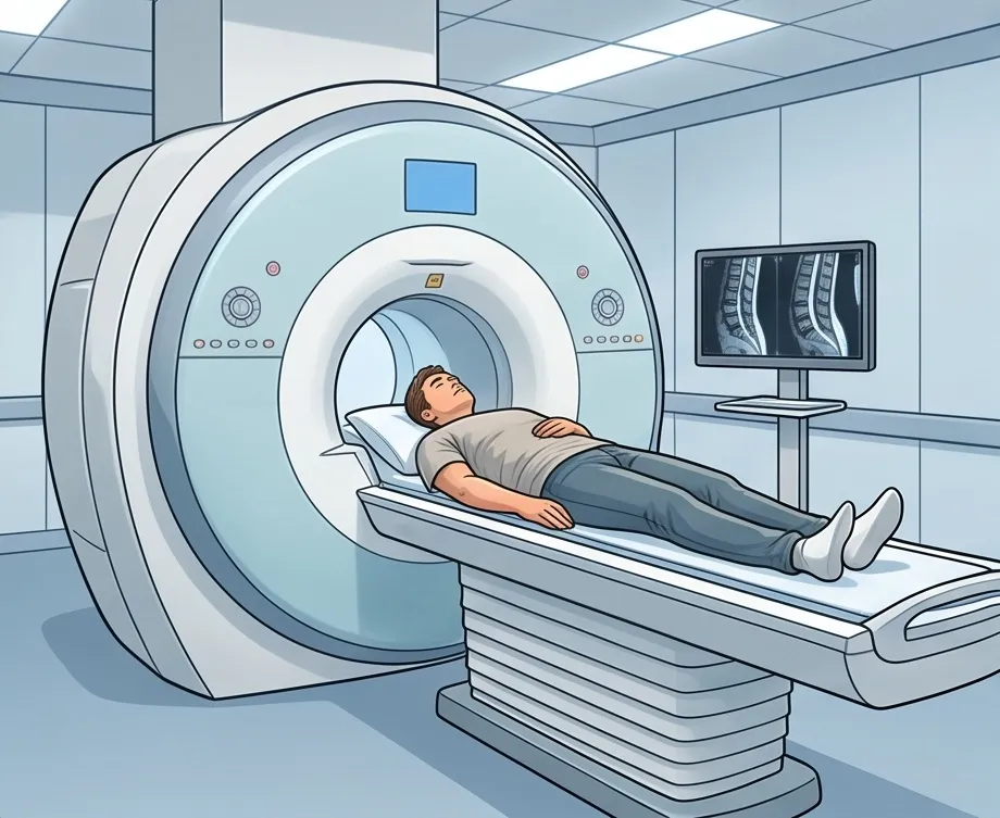 MRI/CT 정밀 검사 기계 안에 누워 척추 검사를 받고 있는 환자