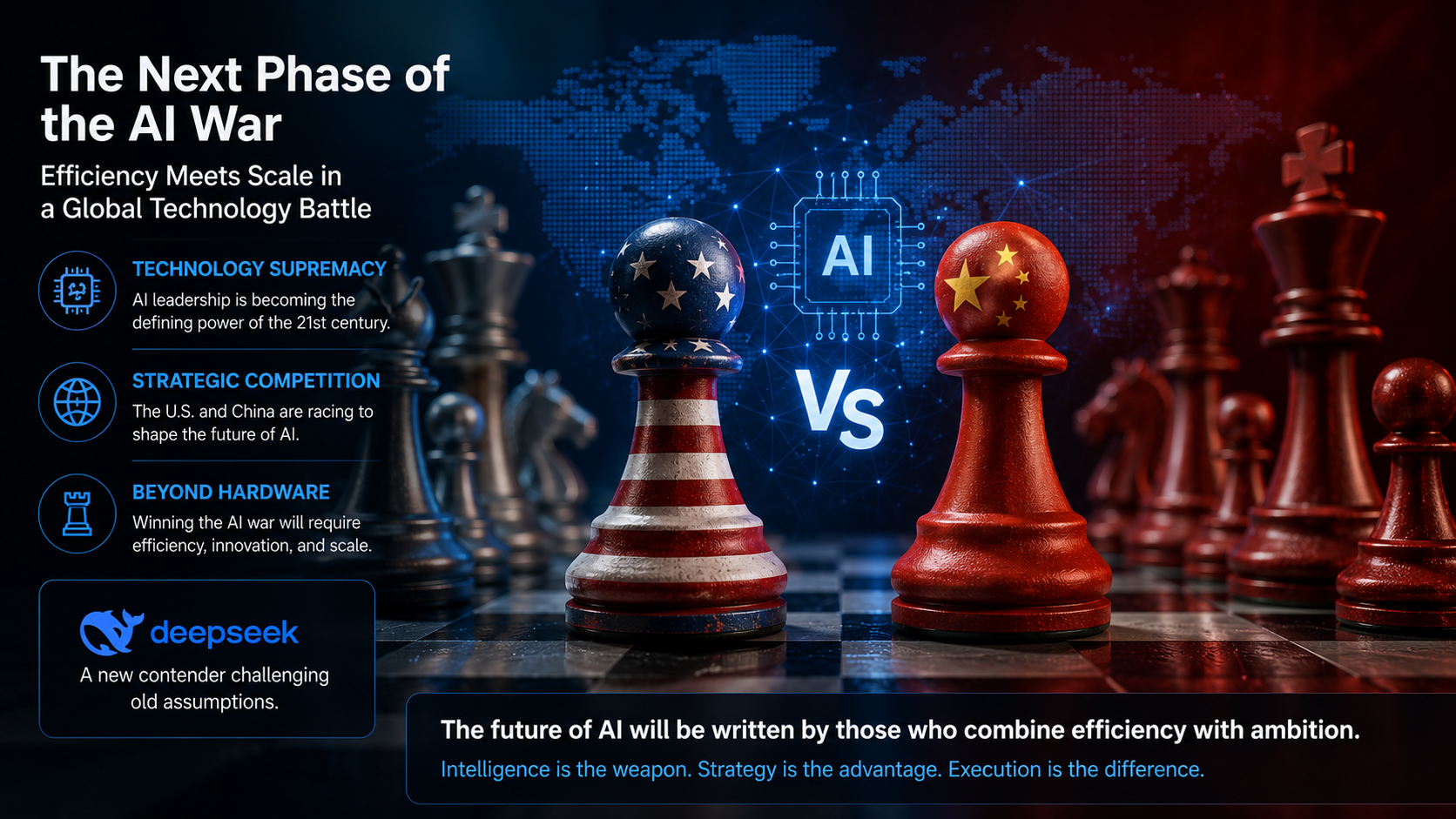 Chess pieces representing the United States and China facing each other in a global AI competition, highlighting technological rivalry and the future of artificial intelligence.