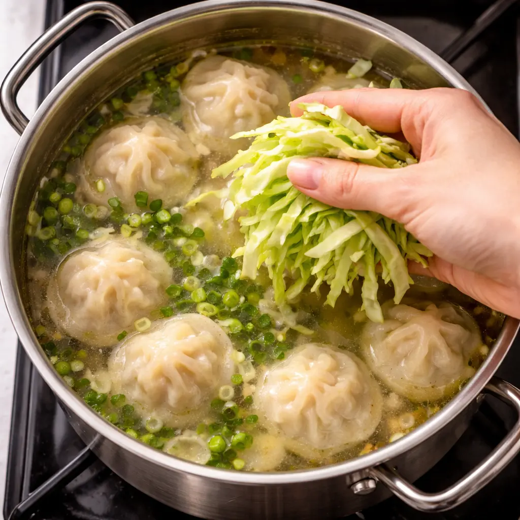 만두가 떠 있는 냄비에 양배추와 대파를 넣는 조리 장면 – 4단계 채소 투입