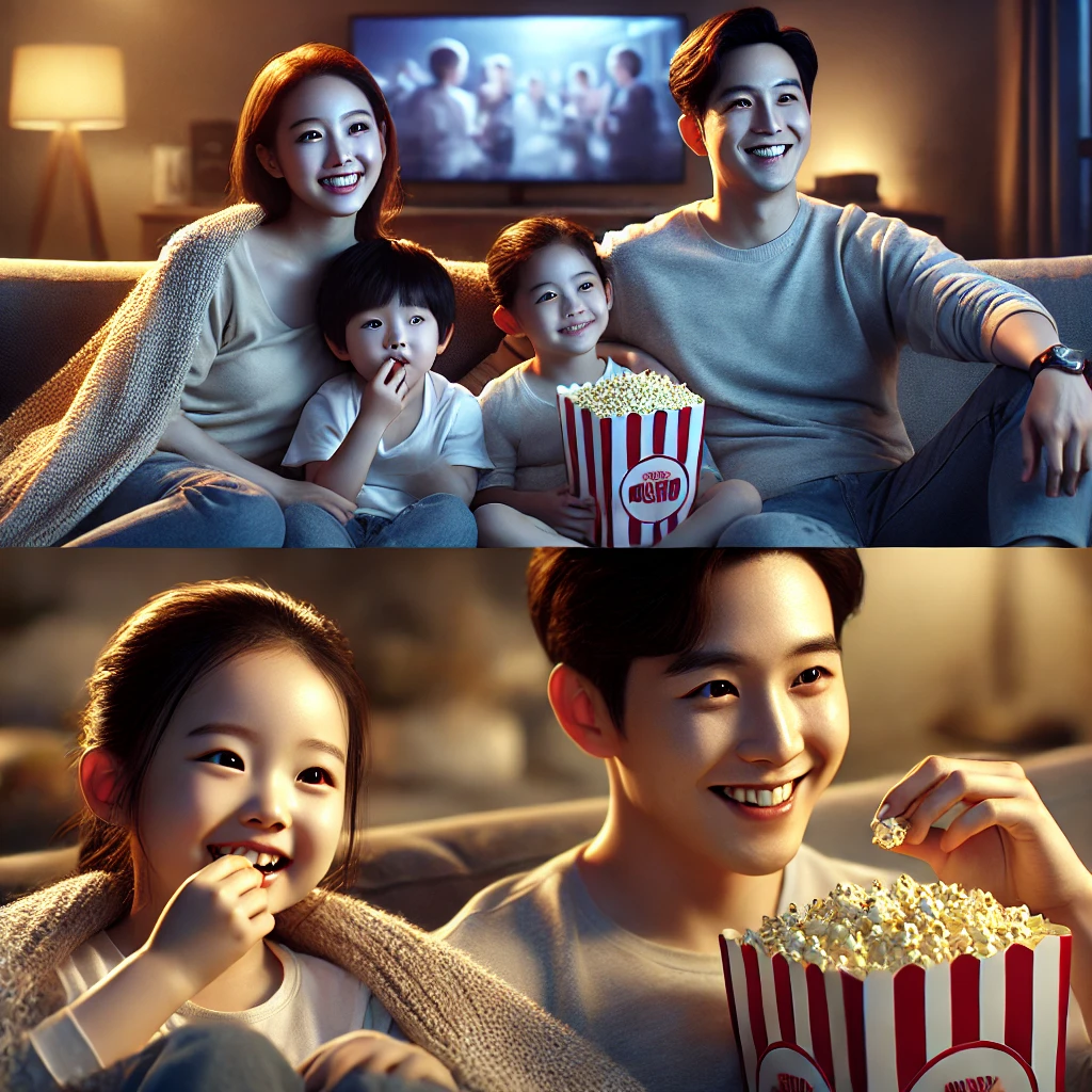 가족이 거실 소파에서 함께 영화를 보는 장면. 부모와 두 아이가 담요를 덮고 팝콘을 나누며 웃고 있습니다. 배경에는 TV 화면과 부드러운 조명이 보입니다