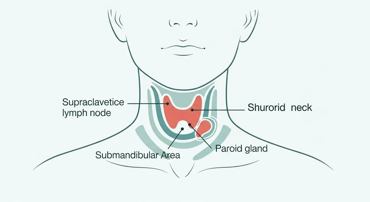 갑상선과 침샘, 림프절 등 목 자가 진단 주요 부위를 표시한 간략한 해부학적 그림