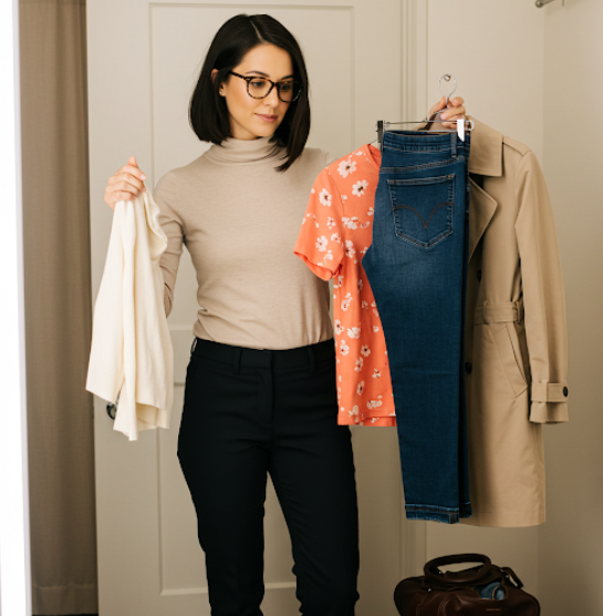 직장인 여성이 여행을 위해 옷을 고르는 모습