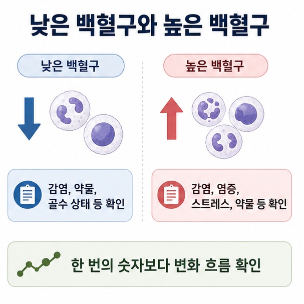 백혈구가 낮거나 높을 때 감염과 약물, 염증, 골수 상태 등 여러 원인을 함께 확인해야 한다는 내용을 정리한 이미지