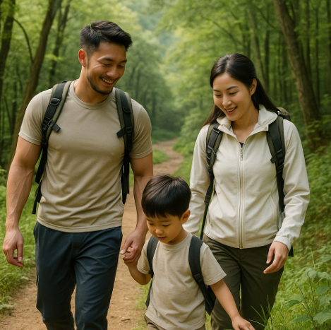한라산 어리목에서 아이와 함께 산행하는 가족