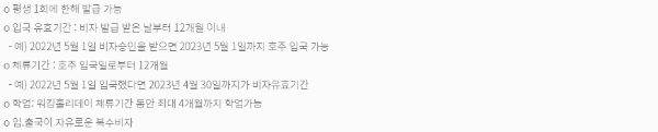 호주 워킹홀리데이 체류 기간