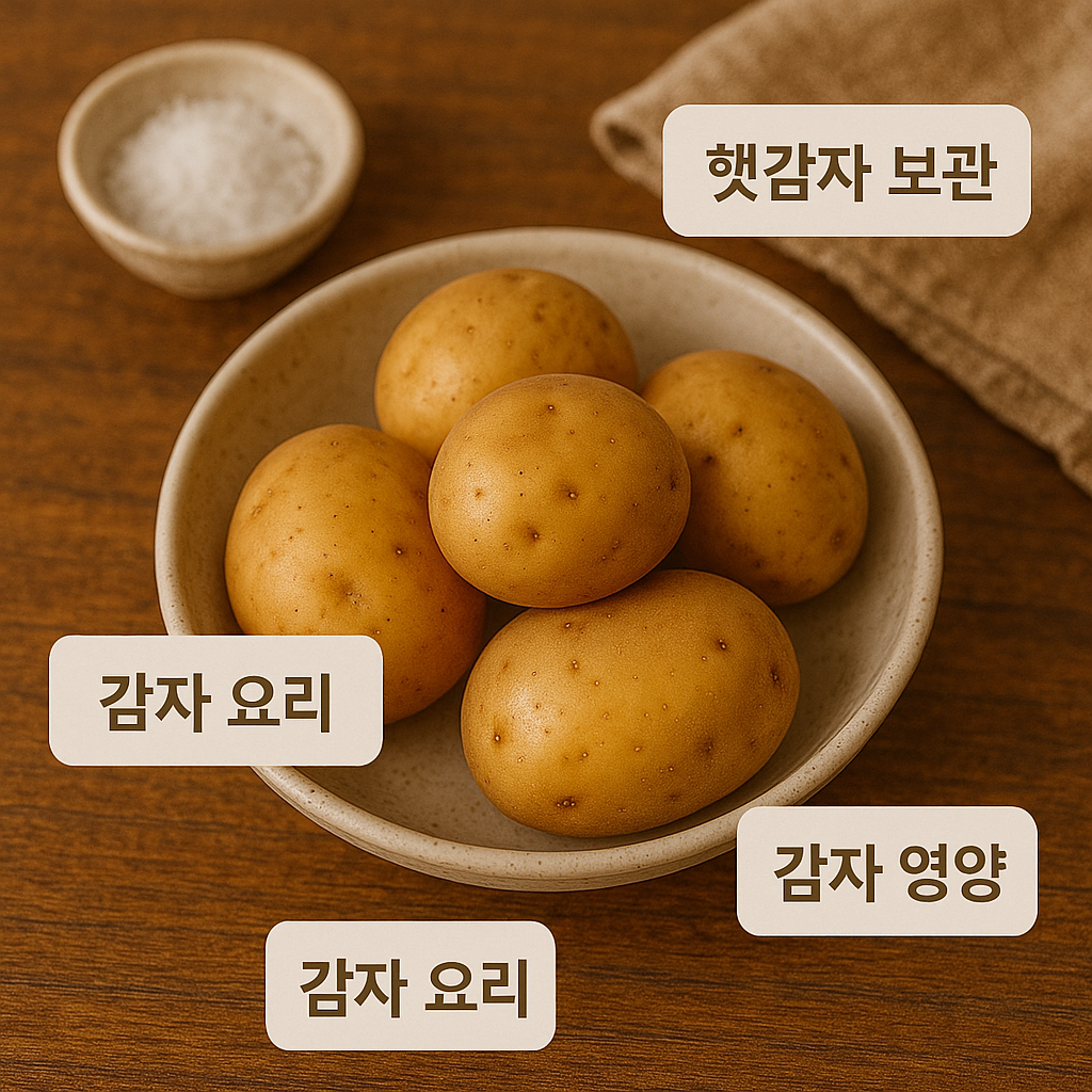 보관용 햇감자와 한글 텍스트 요소가 포함된 식탁 장면