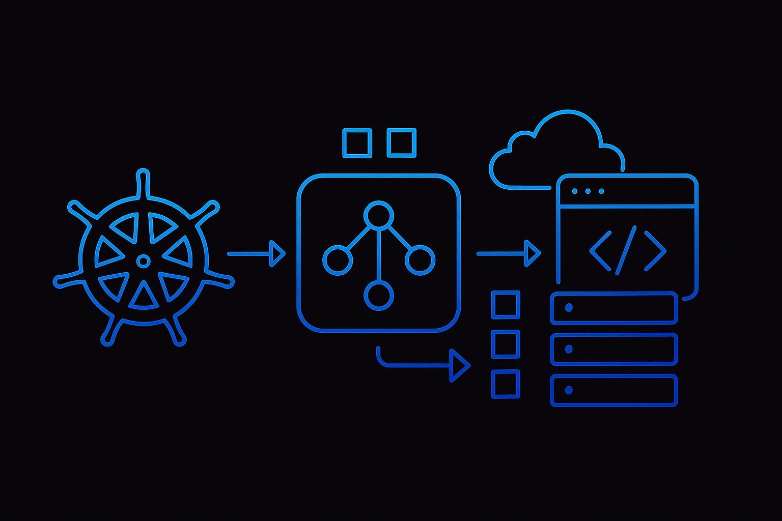 컨테이너 오케스트레이션의 흐름과 클러스터 구조를 상징적으로 표현한 기술 일러스트