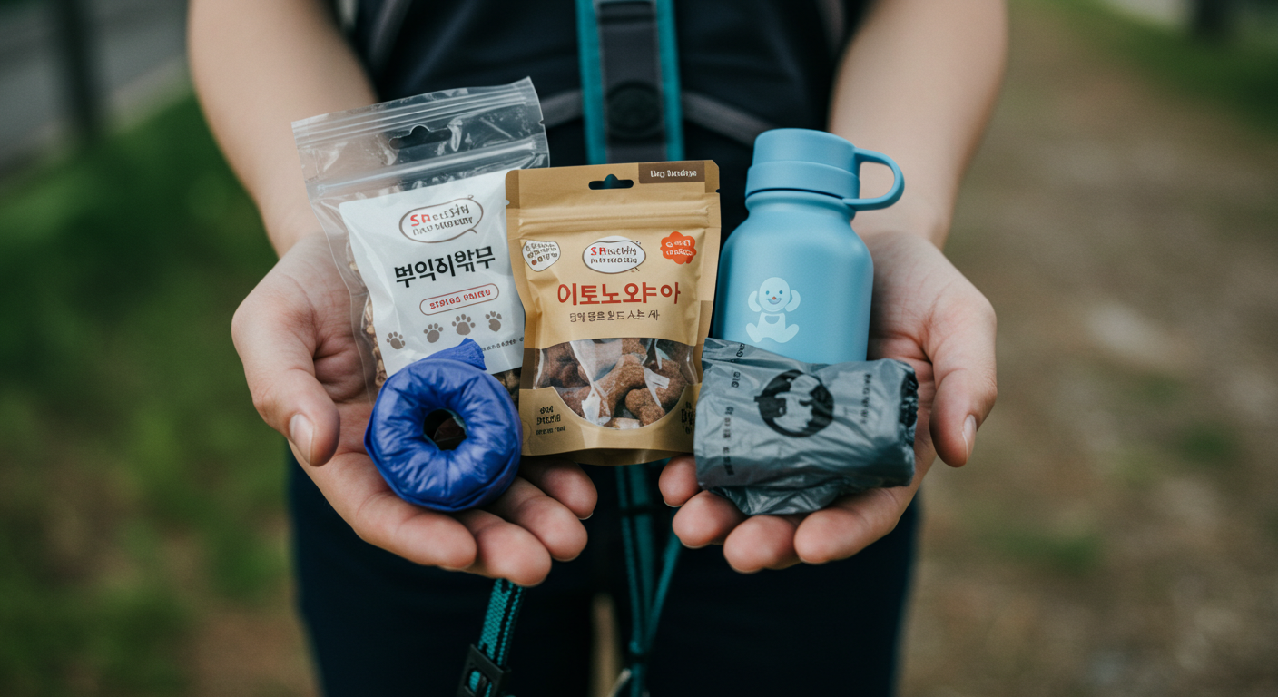 반려견과 외출 시 필요한 준비물과 매너 용품을 챙기는 한국인의 손