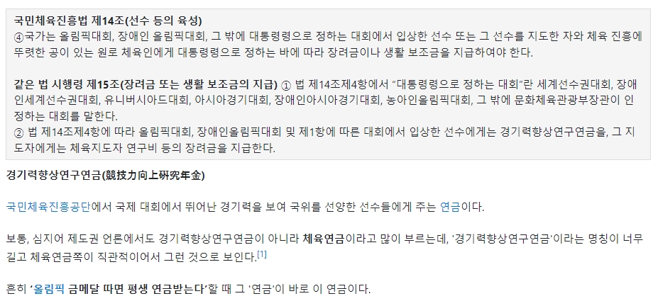 국민체육진흥법에 명시된 체육연금 지급 대상 및 관련 법령 내용