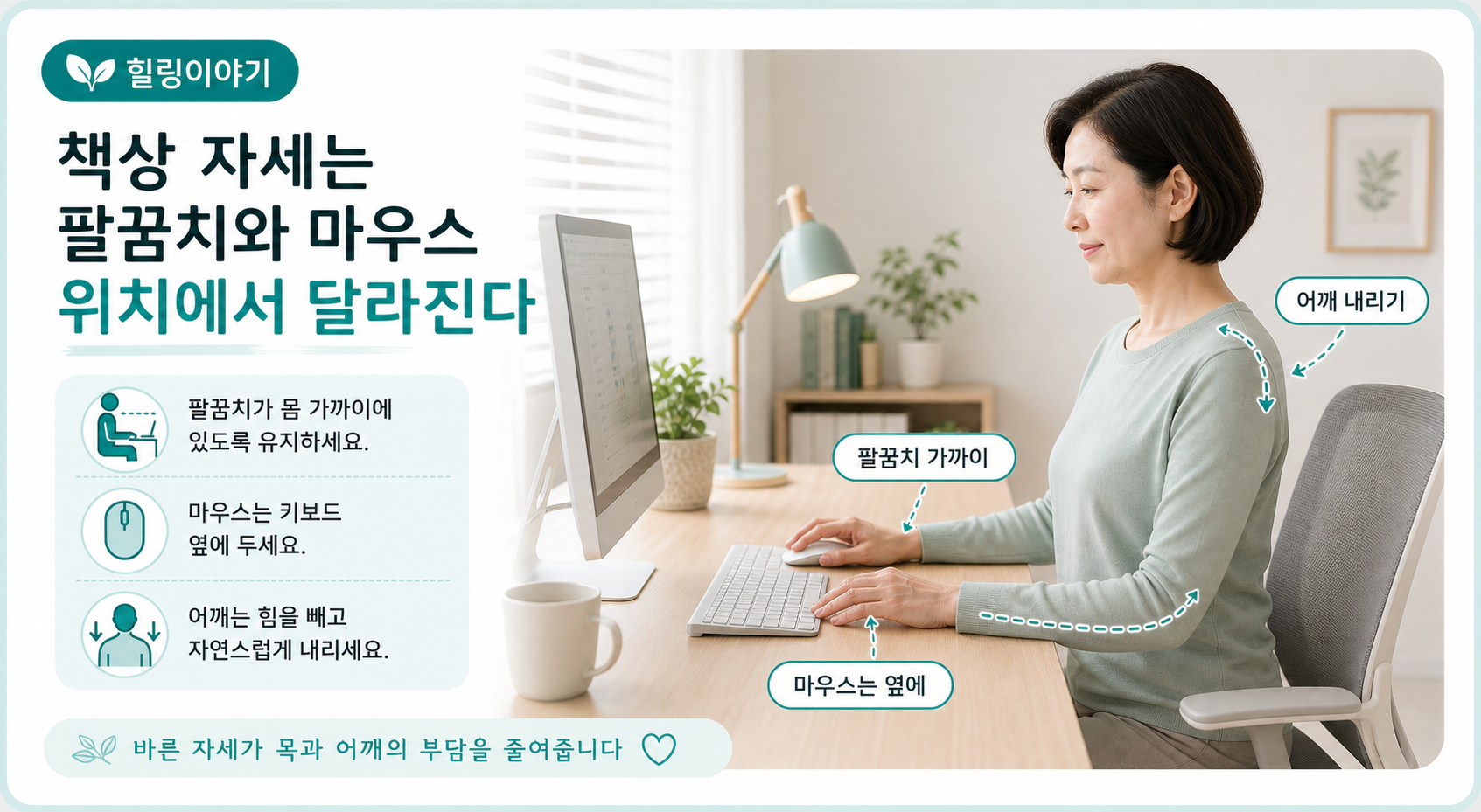 책상 자세에서 팔꿈치와 마우스 위치를 몸 가까이에 맞추는 사무직 어깨 통증 설명 이미지