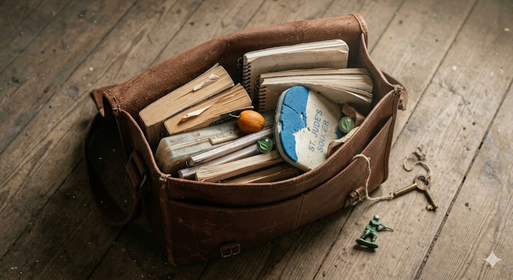 낡은 가죽 가방 안에 구겨진 책들과 훔친 사소한 물건들이 어지럽게 섞여 있는 모습