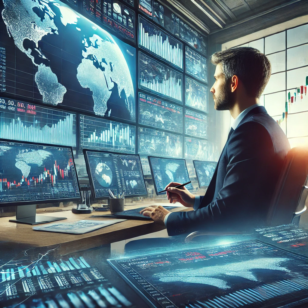 "2025년 3월 5일 글로벌 주식 시장을 분석하는 전문가. 금융 사무실에서 다중 모니터를 통해 실시간 주가 차트와 시장 데이터를 분석하는 모습. 실제 촬영한 것 같은 분위기."