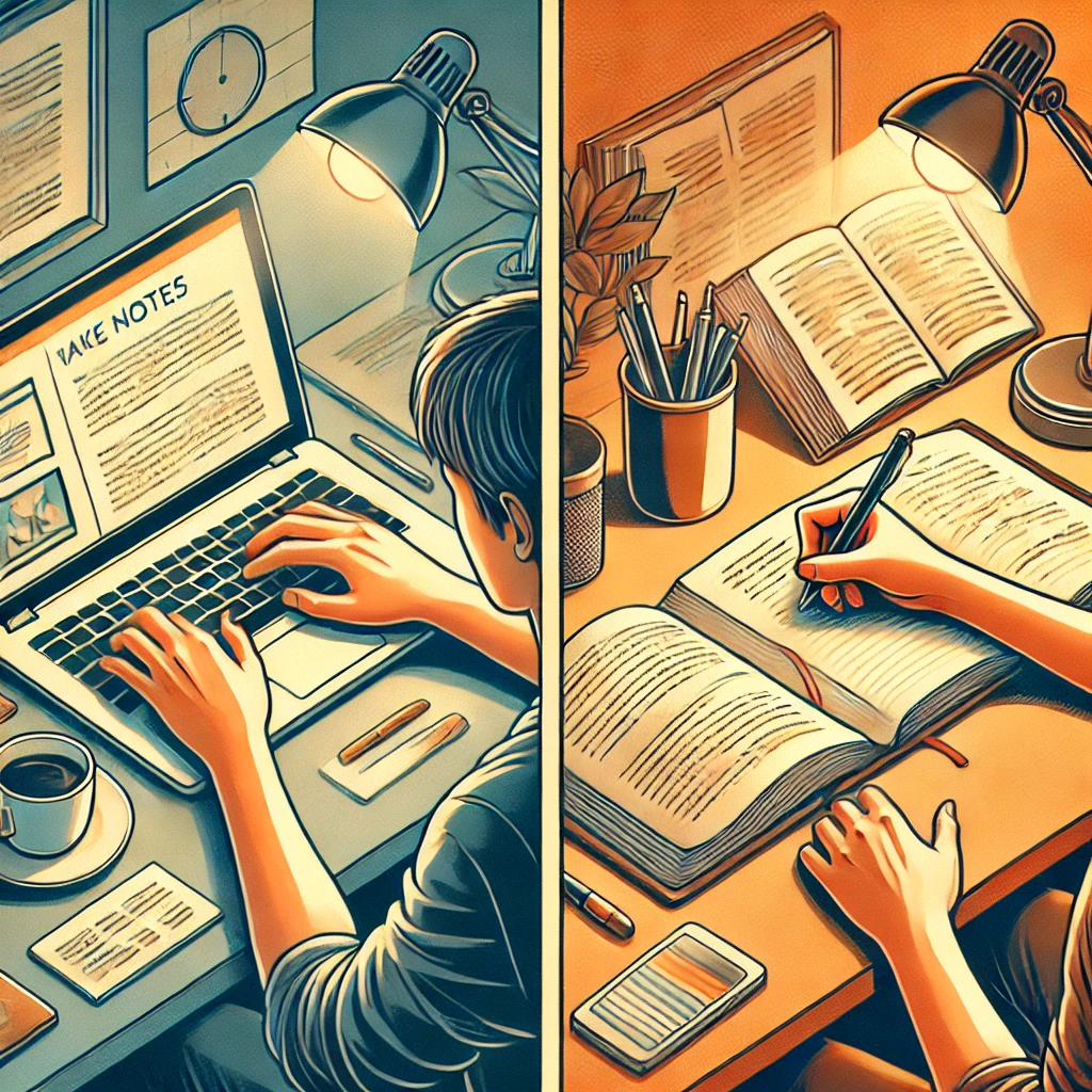 왼쪽 이미지는 디지털로 공부하는 모습, 오른쪽 이미지는 아날로그로 공부하는 모습