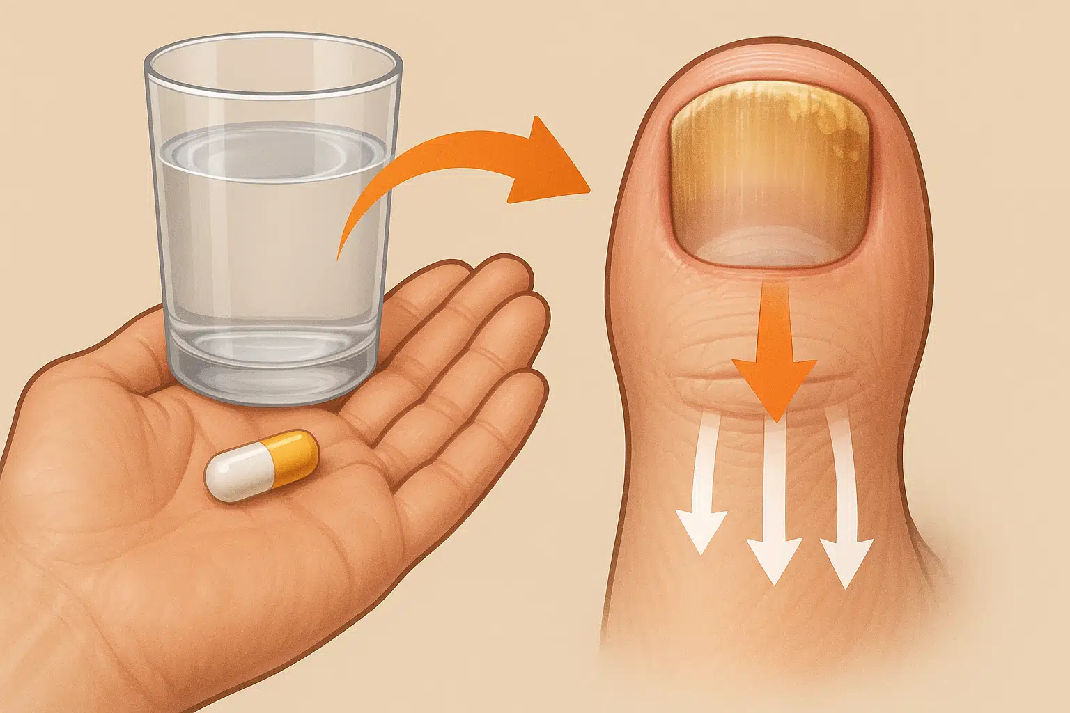 손바닥 위에 알약과 물컵이 놓여 있고, 옆에는 발톱이 두껍게 변한 발 클로즈업이 함께 보이는 장면, “내부까지 약물이 스며드는” 흐름