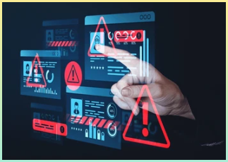 손은 어두운 배경에서 경고 아이콘 및 개인 데이터 경고를 표시하는 가상 화면과 상호 작용합니다. 인터넷 보안의 개념