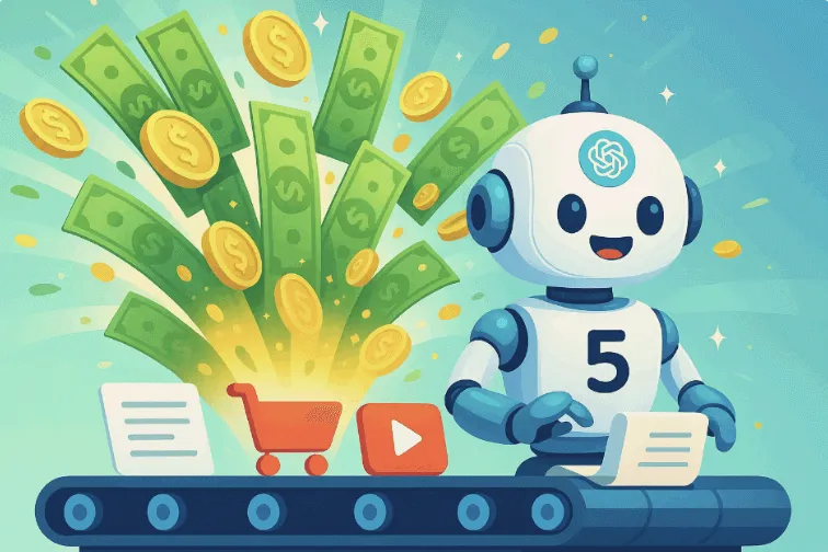 귀여운 AI 로봇이 컨베이어 벨트에서 문서·장바구니·플레이 아이콘 형태의 콘텐츠를 자동 생산하고, 뒤편에서 지폐와 동전이 분수처럼 솟구치는 장면—GPT-5 에이전트 자동화 수익화 대표 이미지 (AI automation, GPT-5 agent, content monetization)