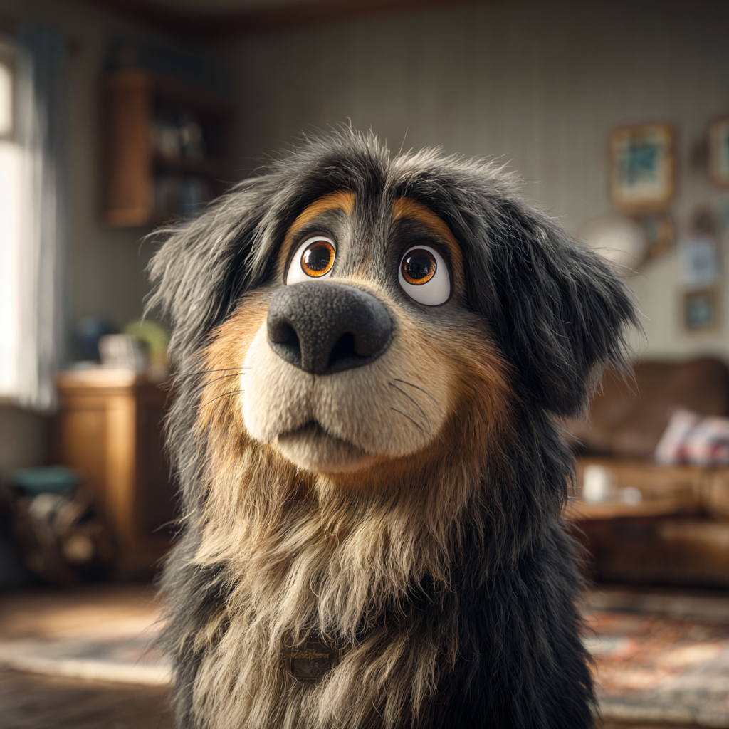 귀여운 눈으로 사랑스럽게 바라보는 강아지, 픽사스타일 일러스트