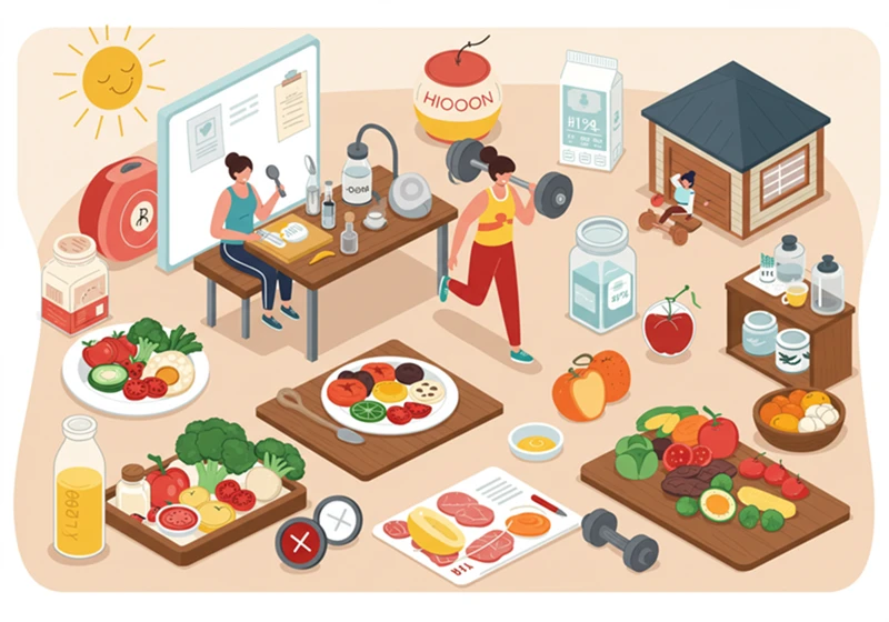 건강식단 규칙적인운동 당뇨관리 생활습관개선 샐러드 잡곡밥 조깅 아령 활기찬 플랫디자인 일러스트레이션 한국