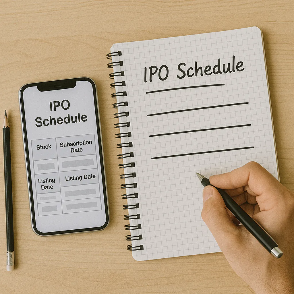 책상 위 스마트폰과 메모장에 정리된 공모주 일정