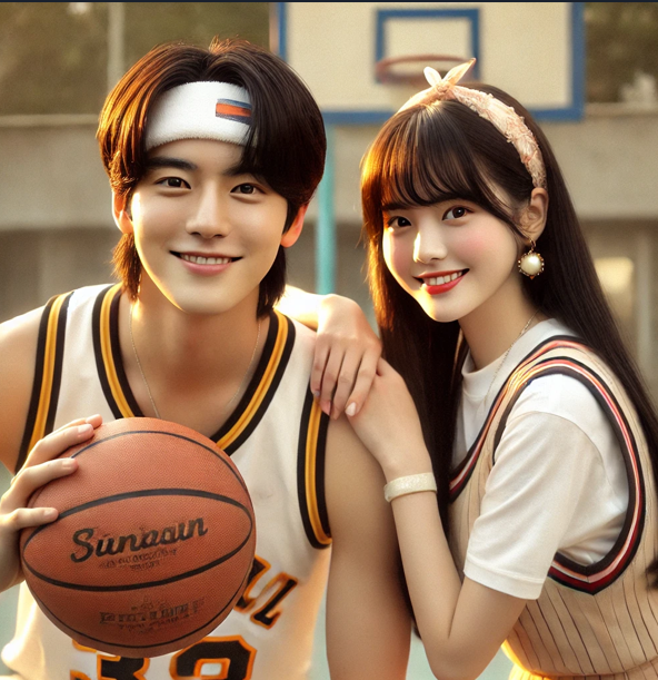 한국 드라마. 농구공을 든 남자 주인공과 함께 활짝 웃고 있는 여자 주인공