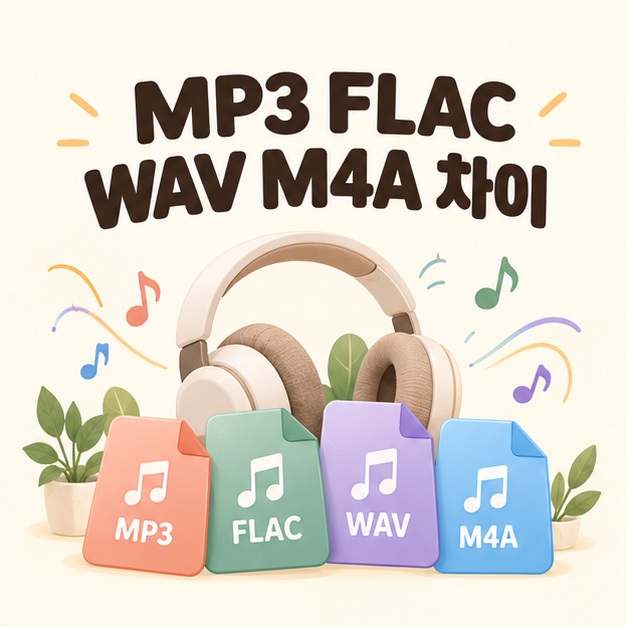 MP3 FLAC WAV M4A 차이 제목과 헤드폰 및 오디오 파일 이미지