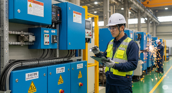 방폭 시설이 설치된 공장 내부의 모습입니다. 파란색 방폭 패널과 설비들이 보입니다. 한 안전 관리자가 방폭 시설을 점검하고 있습니다.