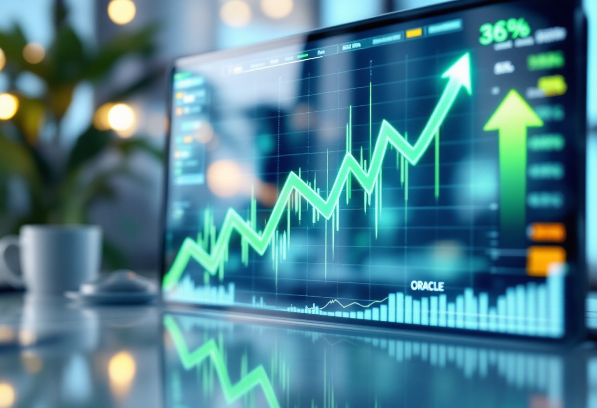 컴퓨터 화면에 나타난 오라클(ORCL) 주가 차트가 36% 급등하며 녹색 상승 화살표를 보이는 모습