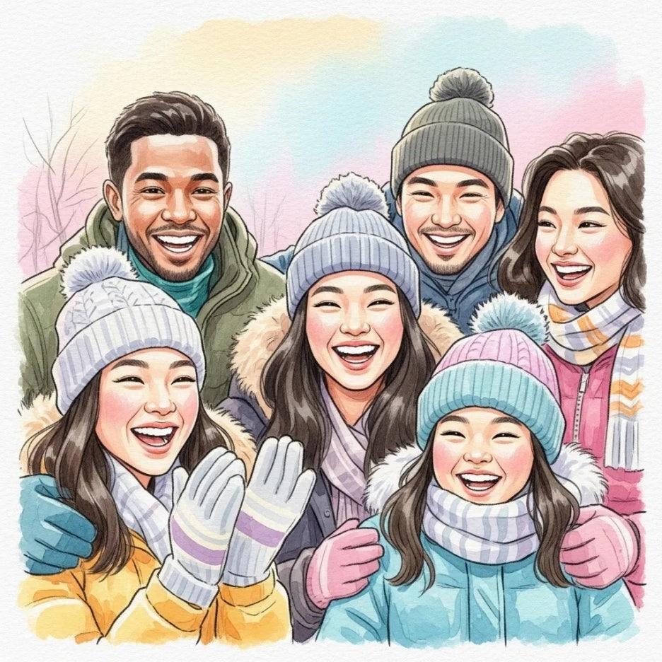 즐겁게 겨울 여행을 만끽하는 행복한 사람들