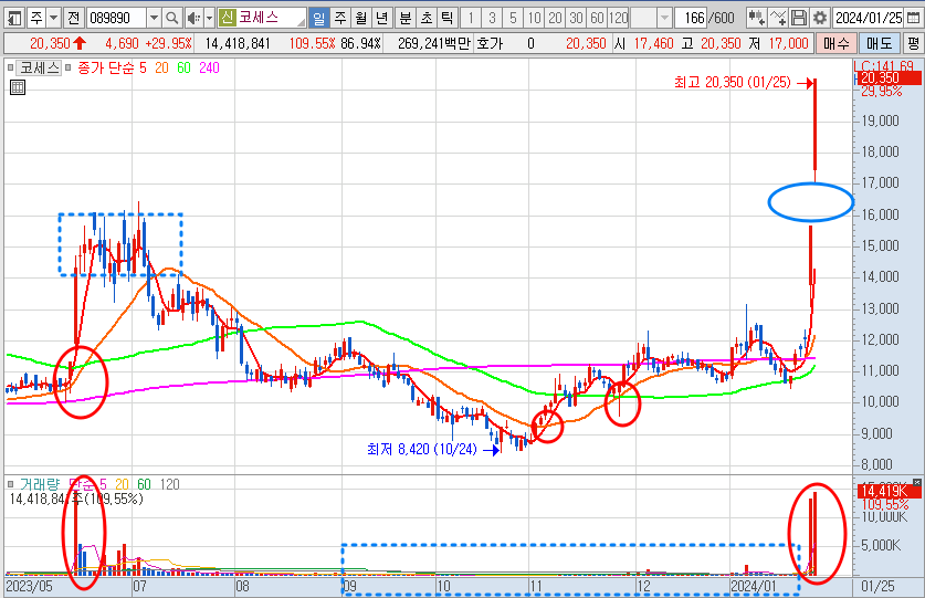 코세스 주가 일봉 차트 분석과 전망 (24.1.25)