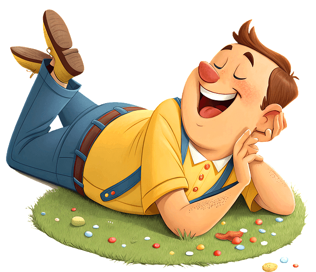 청바지에 노란 셔츠를 입은 백인 남자가 풀밭에 엎드려 누워 행복한 미소를 짓는다.