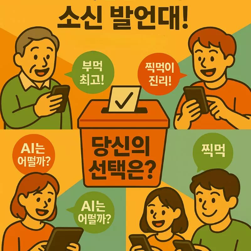 다양한 사람들이 스마트폰으로 탕수육 부먹 찍먹 투표에 참여하고 토론하는 활기찬 모습. 중앙에는 '당신의 선택은?' 문구가 있는 투표함이 강조됨.