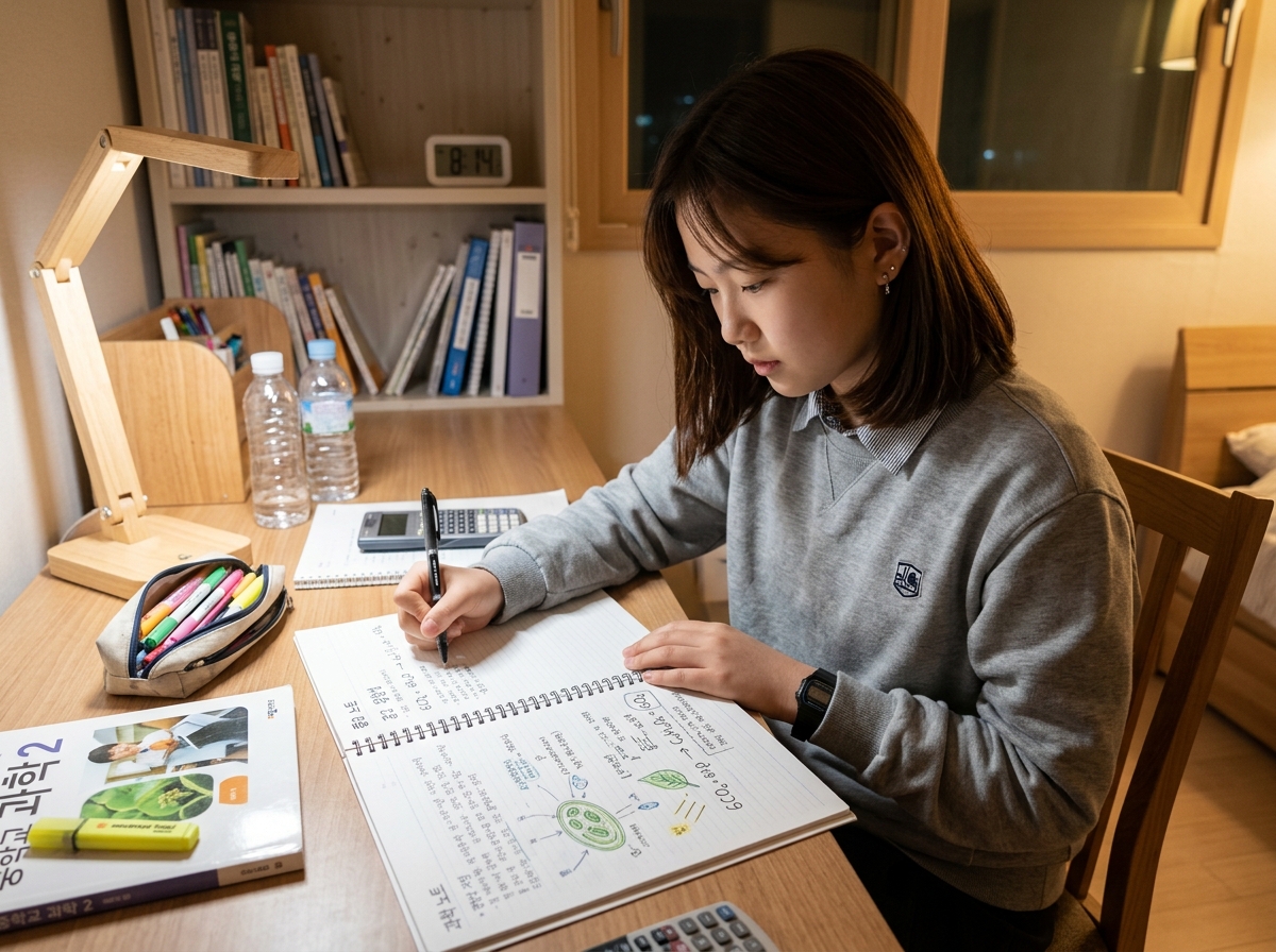 과학 개념을 노트에 정리하며 학습하는 중학생