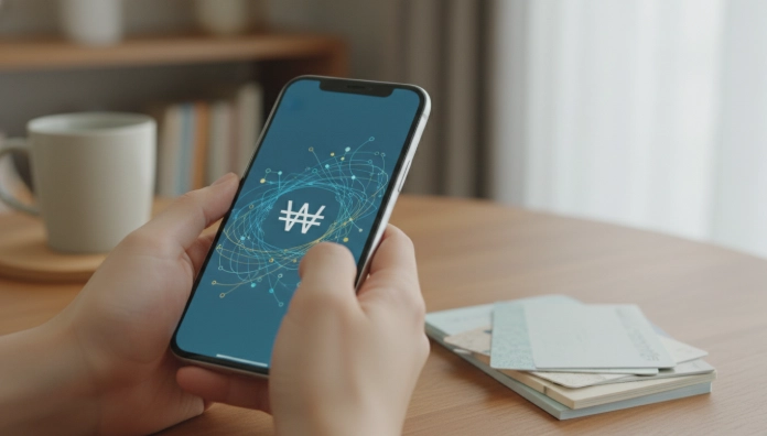 여러 은행 통장과 추상적인 거래 내역이 표시된 스마트폰 뱅킹 앱을 들여다보는 한국인의 손. 숨겨진 금융재산 조사를 암시합니다.