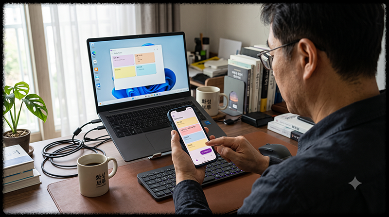 아이폰 OneNote 앱에서 Windows 스티커 메모를 확인하는 모습