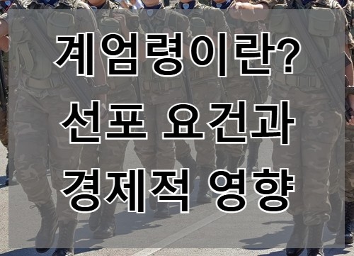 군인들 사진에 '계엄령이란? 선포 요건과 경제적 영향' 문구