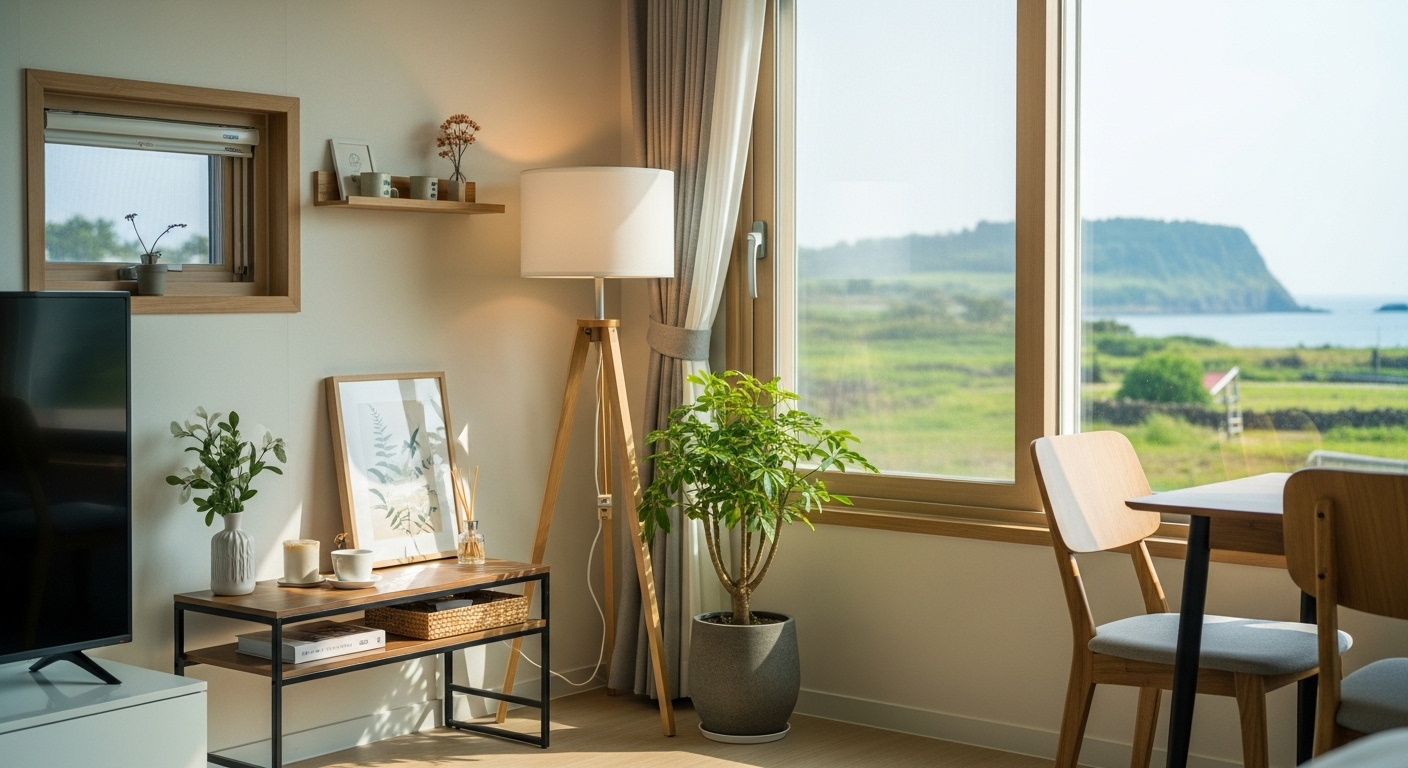 2025년 제주 한 달 살기 예산을 보여주는 현대적이고 아늑한 제주 숙소 내부 모습