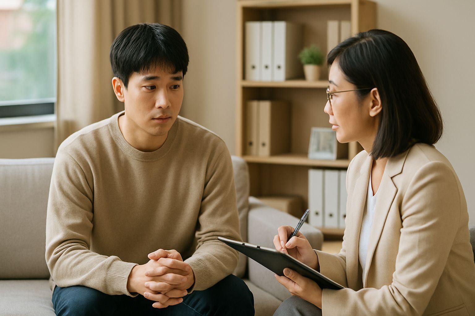 상담실에서 심리상담을 받는 청년