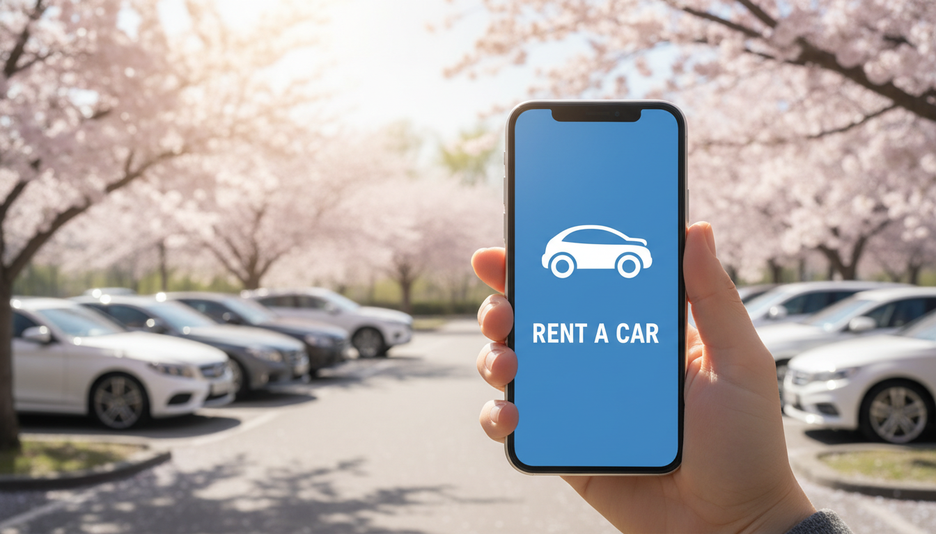 벚꽃이 핀 주차장 배경에서 스마트폰으로 렌터카 가격 비교 앱을 확인하는 모습
