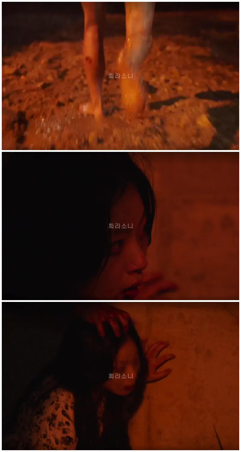상처가 가득한 다리로 어딘가로 도망치는 여자와 다시 머리채를 잡히는 여자의 모습.