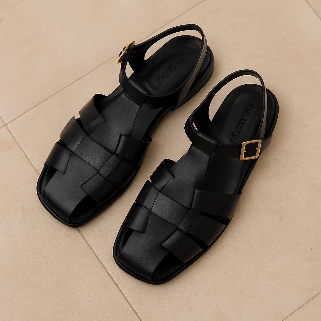 바닥 위에 놓인 쿠에른 샌들 단독 이미지, 질감과 구조 강조