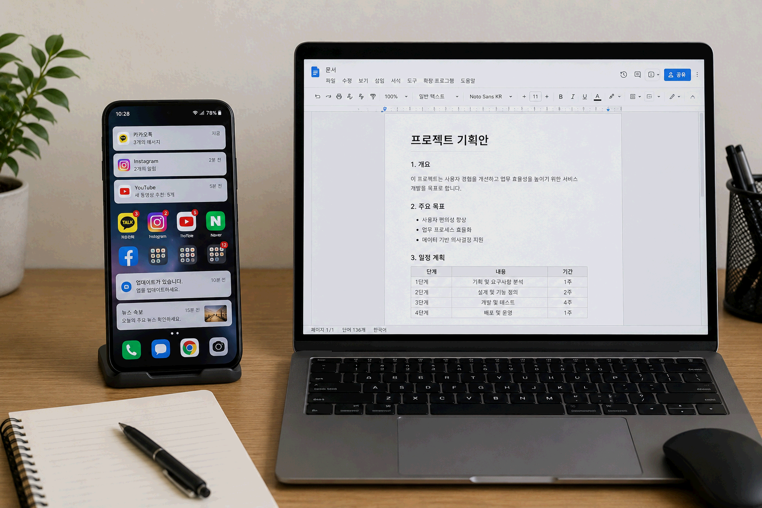 스마트폰의 복잡한 알림 구조와 PC의 정리된 작업 환경을 비교하는 장면