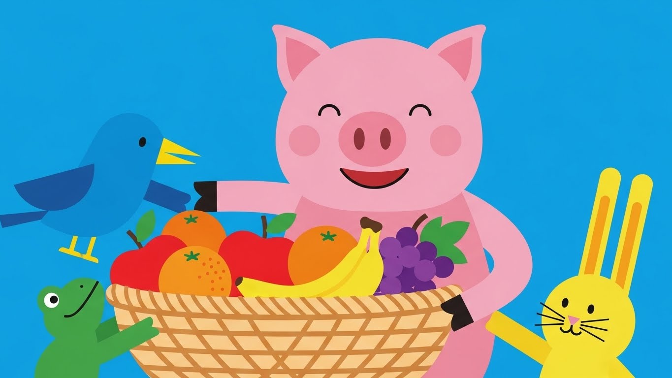 과일을 나누며 풍요로운 마음을 전하는 돼지띠 캐릭터 일러스트