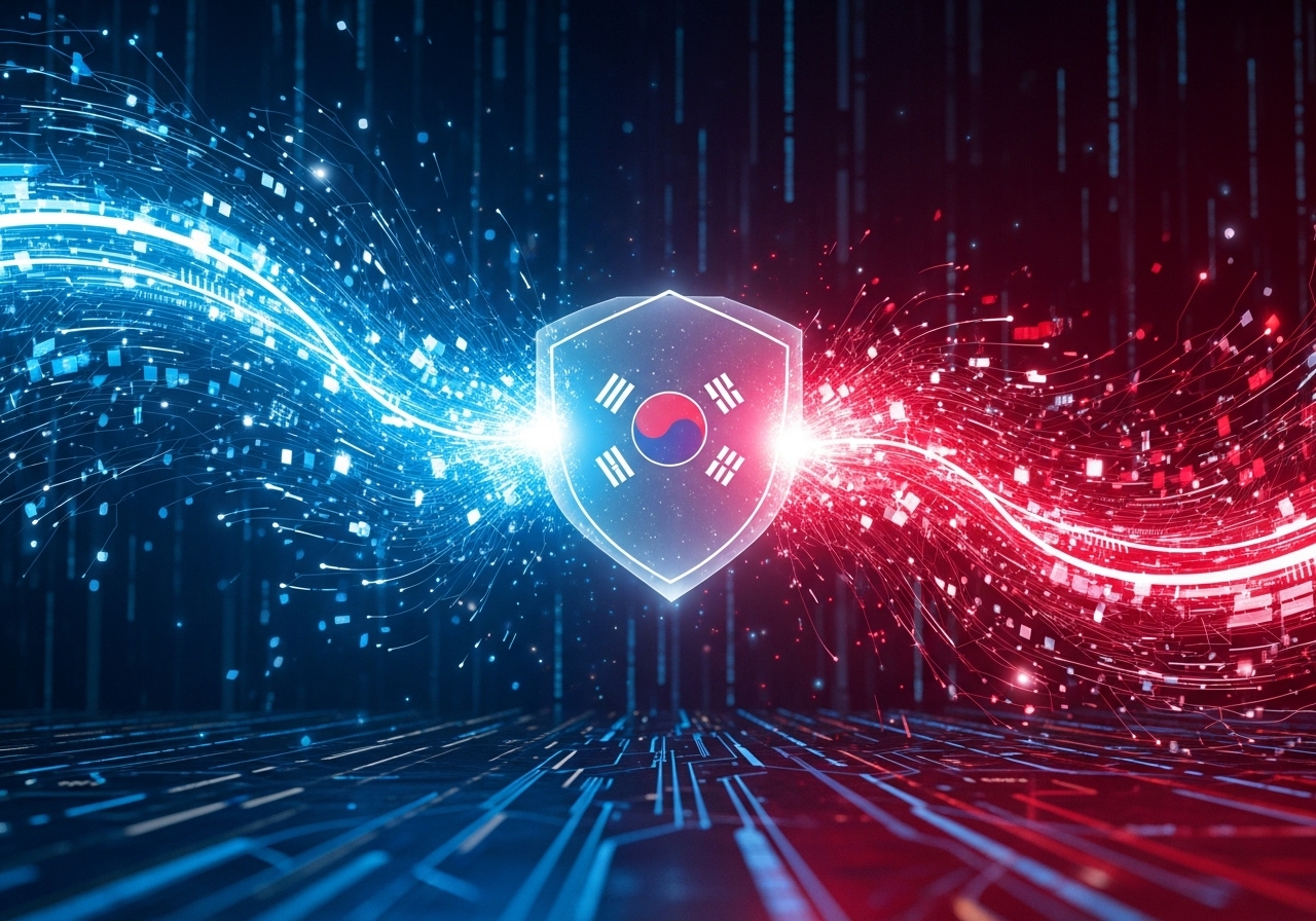 AI 공격과 방어가 충돌하는 사이버 공간을 표현한 미래지향적 컨셉 이미지