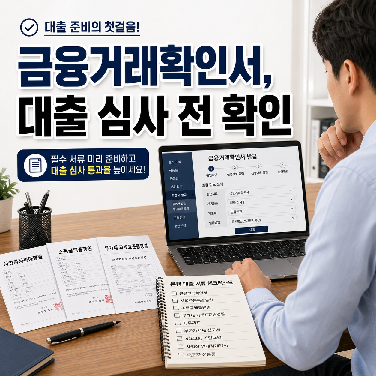 금융거래확인서 발급방법과 사업자 대출 심사 부채 연체 확인 서류를 준비하는 소상공인 장면