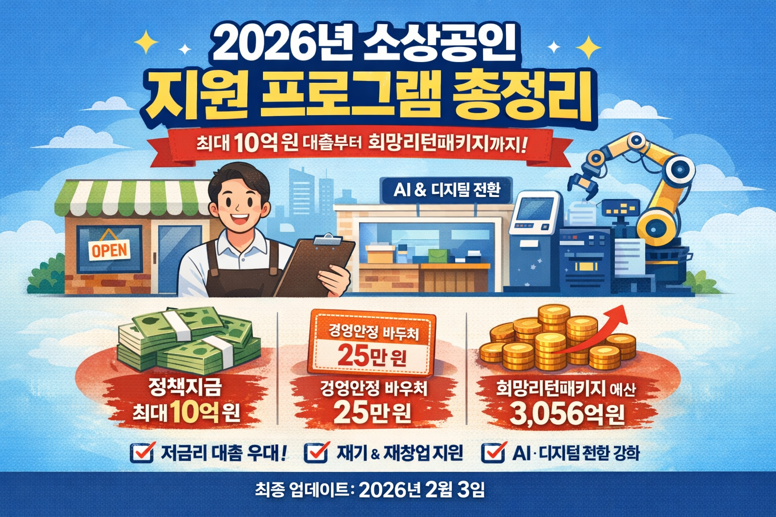2026년 소상공인 정책자금과 경영안정 바우처, 희망리턴패키지를 소개하는 인포그래픽형 썸네일