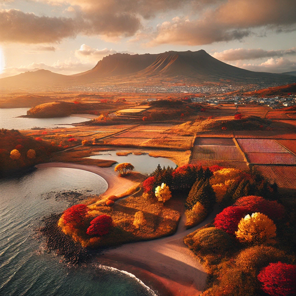 붉고 황금빛 단풍이 물든 나무와 서늘한 바람이 느껴지는 평온한 해안가.